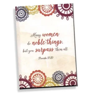 A decorative Noble Woman Journal featuring Proverbs 31:29 scripture, perfect as a faith-based devotional journal or a thoughtful gift for daily reflection and Christian journaling.
