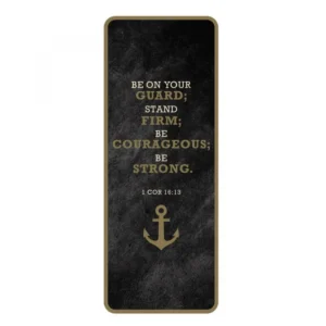Laminated jumbo bookmark featuring 1 Corinthians 16:13 Bible verse and a prayer for strength, designed for use in religious books within our pens and bookmarks collection.