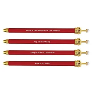 A festive set of twelve red pens topped with decorative golden crowns, perfect as unique Christmas gifts for holiday parties or stationery collections.