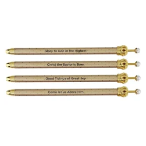 A pack of twelve elegant gold-toned pens featuring decorative crown toppers, perfect as festive Christmas gifts.