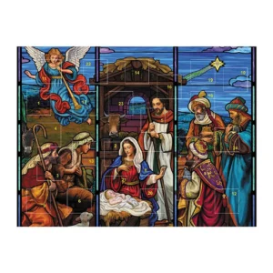 A decorative Christmas advent calendar featuring vibrant nativity scene artwork in a stained glass style, perfect for holiday home decor.