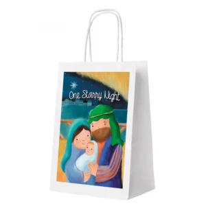 A festive Christmas gift bag featuring a full-color illustration of the nativity scene, ideal for holiday presents and Sunday school giveaways.