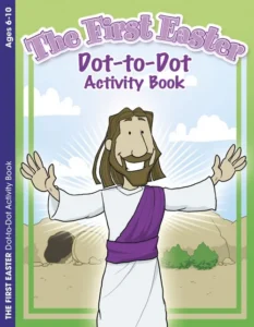 An educational Easter-themed dot-to-dot activity book featuring Bible story illustrations and engaging puzzles for children in home or classroom settings.