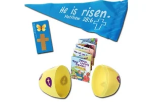 A colorful Gospel Easter egg set from our Easter gifts collection, featuring a religious nylon banner, stickers, and a story booklet based on the verse Matthew 28:6 for children.