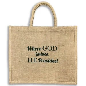 Strong natural jute tote bag featuring the inspirational quote Where God guides He provides printed on the front, perfect for everyday carrying and shopping needs within the tote bags and pouches collection.