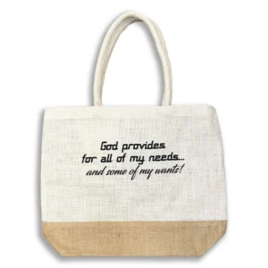 A durable two-tone eco-friendly jute tote bag featuring an inspirational quote print, perfect for everyday use within the tote bags and pouches collection.