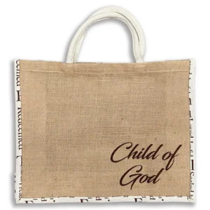 A durable jute tote bag featuring the empowering Child of God text, ideal for carrying everyday essentials in this stylish piece from our collection of tote bags and pouches.
