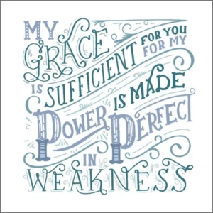 A square eco-friendly greeting card from Glebe Cottage featuring floral artwork by Emma Skerratt and the encouraging scripture verse 2 Corinthians 12:9, perfect for sympathy or spiritual support cards.