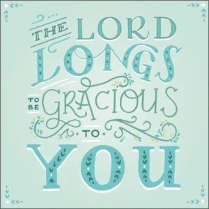 Square greeting card featuring artwork by Emma Skerratt and the Isaiah 30:18 bible verse, suitable for religious encouragement and scripture-based gift giving.
