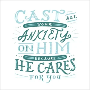 A square encouragement and scripture greeting card by Emma Skerratt featuring 1 Peter 5:7, Cast Your Anxiety artwork, printed on eco-friendly card stock.
