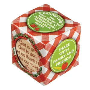 A wooden prayer cube featuring six distinct mealtime blessings silk-screened on each side, designed as an interactive tool for family devotions and educational lessons.