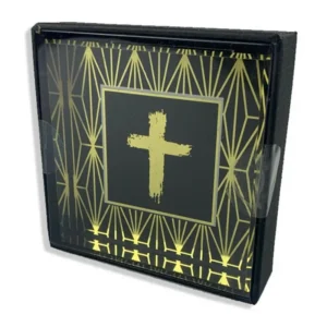 A substantial square glass paperweight featuring an elegant metallic gold cross, designed as a meaningful addition to our collection of Christian gifts.