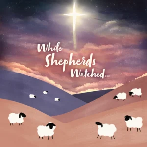 A pack of ten FSC certified Christmas cards featuring the While Shepherds Watched nativity design, part of the premium Food Bank Christmas cards collection.
