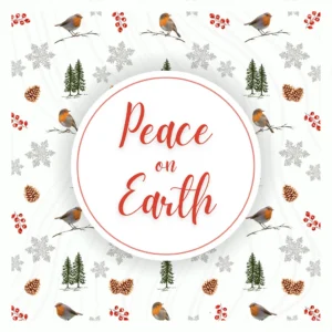 A pack of ten FSC accredited Food Bank Christmas cards featuring a Peace on Earth design with matching envelopes