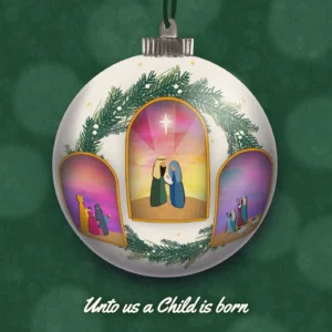 A pack of ten eco-friendly Food Bank Christmas cards featuring the Unto Us a Child is Born design, printed on premium FSC-accredited board.