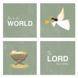 A pack of 10 religious Christmas cards featuring an illustration of an angel and the nativity crib, designed for food bank holiday donations and charitable giving.