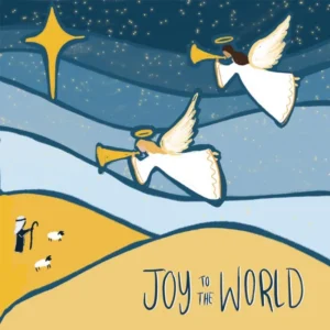 A pack of 10 Joy to the World angels hillside Christmas cards featuring a festive religious illustration and Psalm 96:11 scripture, ideal for holiday greeting cards for food bank charity support.