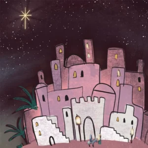 A pack of 10 nativity-themed food bank Christmas cards featuring a peaceful Bethlehem town scene and a biblical verse from Luke.