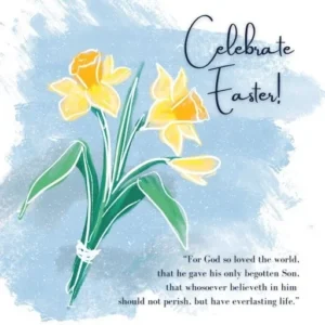 A pack of ten Easter greeting cards featuring a bright yellow daffodil design and the printed message Blessings at Easter inside each envelope.