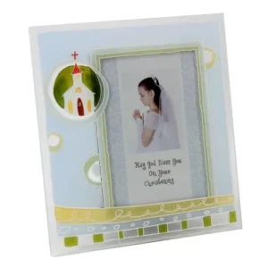 A modern painted christening photo frame designed to display a cherished keepsake memory from a baptism or religious naming ceremony.