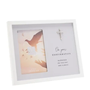 A stylish 4x6 grey photo frame from the Faith & Hope collection, perfect as a Confirmation gift. This elegant photo frame is designed to hold a cherished memory from a special religious milestone.