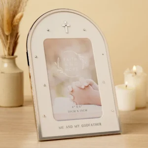 Faith & Hope Arch Frame, a 4'' x 6'' keepsake photo frame designed for godparents, featuring a curved top, subtle neutral colors, and religious motifs like doves and crosses, perfect for commemorating special moments.