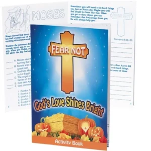 A vibrant "Fear Not God's Love Shines Bright" activity book open to a page showing a "decorate the pumpkin" activity for younger children. This engaging and interactive Christ-centered kids activity book is presented as a fantastic Halloween alternative idea.