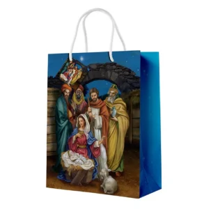 A decorative Christmas gift bag featuring a nativity-inspired design for holiday presents and thoughtful Christmas gifts.