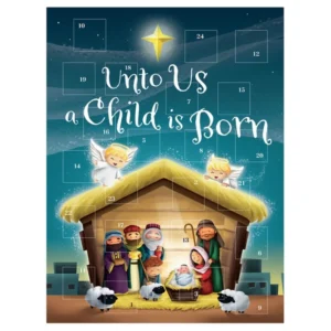 A watercolour nativity scene advent calendar with twenty-four numbered flaps that open to reveal festive illustrations and daily Bible verses, perfect for seasonal faith-based advent calendars.