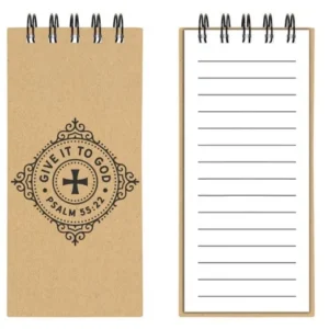A rustic, natural-themed hardcover spiral notepad from our notepads and jotters collection, featuring the inspirational verse Give it to God Psalm 55:22 printed on the cover.