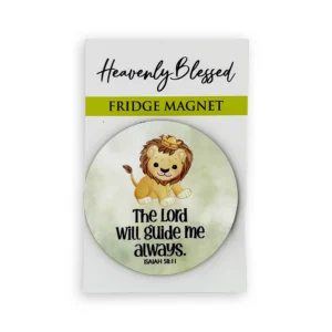 A decorative round MDF magnet from our scripture collection featuring the inspirational Bible verse The Lord will guide me always displayed on a refrigerator surface.