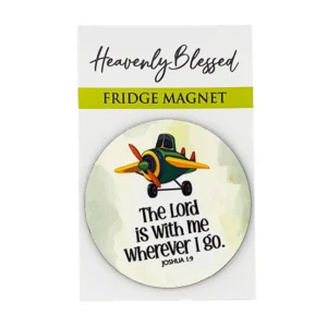 A vibrant round MDF magnet from our collection of decorative fridge magnets, featuring the inspirational Bible verse The Lord is with me wherever I go.