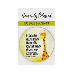 A round decorative fridge magnet featuring the inspirational Bible verse Philippians 4:13 against a colorful illustrated background, perfect for faith-based home kitchen decor.