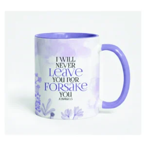 An inspirational ceramic coffee mug featuring the Bible verse Joshua 1:5, designed with a colourful handle and meaningful faith-based text.