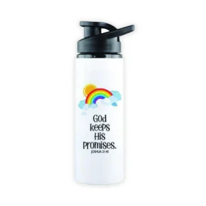 A sleek white steel water bottle for kids, featuring an inspiring Christian theme with the text 'God keeps his promises. Joshua 21:45'. This durable children's sports bottle is perfect for keeping young ones hydrated.