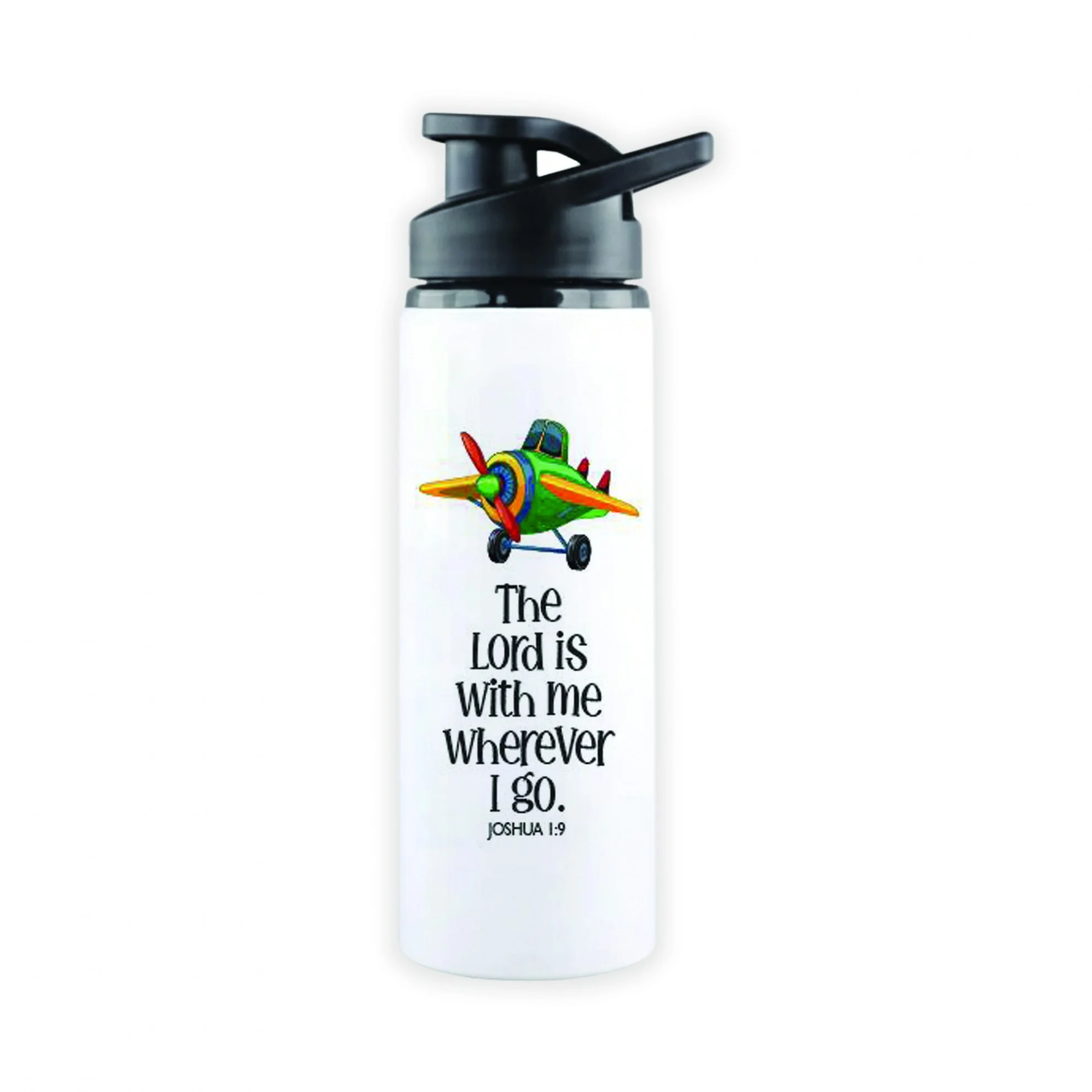 White Sports Bottle - Kids Theme - The Lord is with me wherever I go. Joshua 1:9