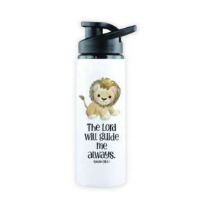 White 500ml steel sports water bottle for kids, featuring a Bible verse from Isaiah 58:11, designed for hydration and inspiration from Heavenly Blessed Gifts.