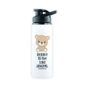 A white 500ml steel water bottle for children featuring the inspirational scripture verse Philippians 4:4, designed as a durable drinkware accessory for school or sports.
