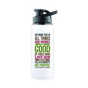 A 750ml white stainless steel water bottle from our religious drinkware collection, featuring an inspirational Romans 8:26 scripture design for daily hydration.