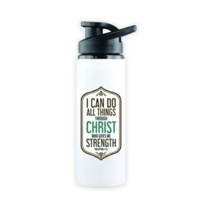 A white 750ml steel water bottle featuring the inspirational Philippians 4:13 verse, designed as a durable sports accessory for hydration and motivation.