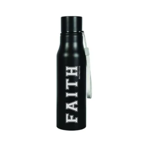 A sleek 750ml black steel water bottle featuring inspirational Faith typography, ideal for daily hydration and fitness routines.