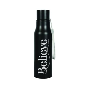 A sleek 750ml black stainless steel water bottle featuring the word Believe in elegant typography, designed for daily hydration and religious inspiration among our premium water bottles collection.