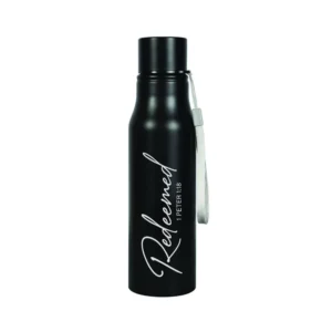 A sleek 750ml black stainless steel water bottle featuring the word Redeemed, perfect for fitness enthusiasts looking for a durable, inspirational reusable water bottle.