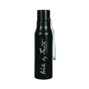 A durable black 750ml steel water bottle from our water bottles collection featuring the inspirational phrase Walk by faith printed on the side.