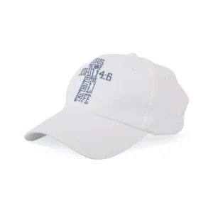 A stylish vintage-style embroidered cap from our clothing and accessories collection featuring the inspirational Bible verse John 14:6 about Jesus being the way, the truth, and the life.
