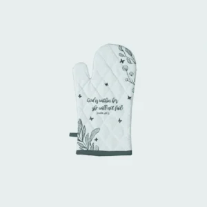 A pair of heat-insulated kitchen oven gloves, white with black text, displaying the inspirational religious quote "God is within her she will not fail. Psalm 46:5". These durable, slip-resistant oven mitts are essential kitchen accessories for baking and cooking.