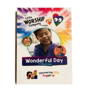 A colorful DVD cover for the Little Worship Company Series 1 Wonderful Day, featuring engaging illustrations for children's worship music and prayer.