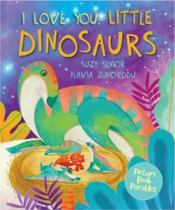 Colorful cover art of a friendly styracosaurus and maiasauras featured in this enchanting children's bible and story book, illustrating a delightful dinosaur adventure.