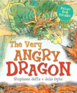 Stanley the friendly dragon looking disappointed in a scene from the Children's Bible and story book The Very Angry Dragon