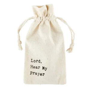A beige fabric drawstring bag for religious prayer crosses featuring the printed text Lord Hear My Prayer, perfect for Christian gift-giving or protected religious jewelry storage.